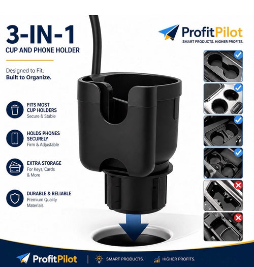 3-in-1 Car Cup Holder Expander with Phone Mount – Universal Fit