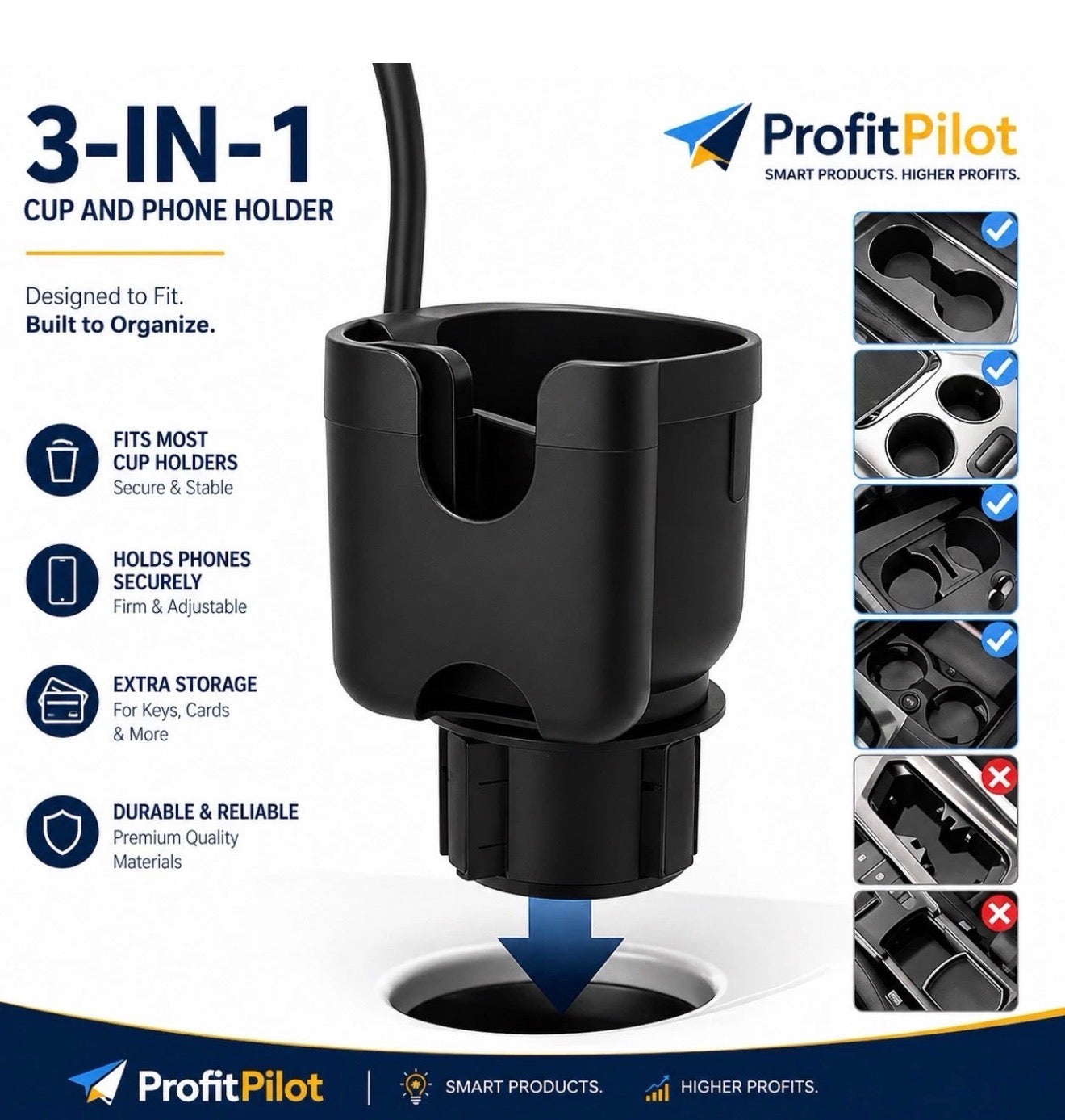 3-in-1 Car Cup Holder Expander with Phone Mount | Universal Fit – ProfitPilot