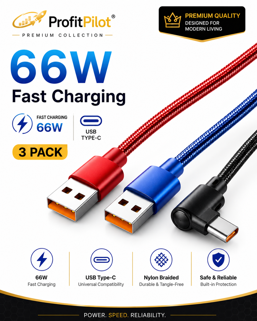 90° Right Angle USB-C Fast Charging Cable 66W | L-Shape Braided Nylon Cord for Gaming & Mobile