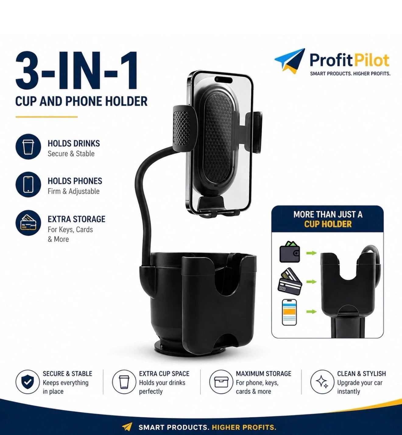 3-in-1 Car Cup Holder Expander with Phone Mount – Universal Fit
