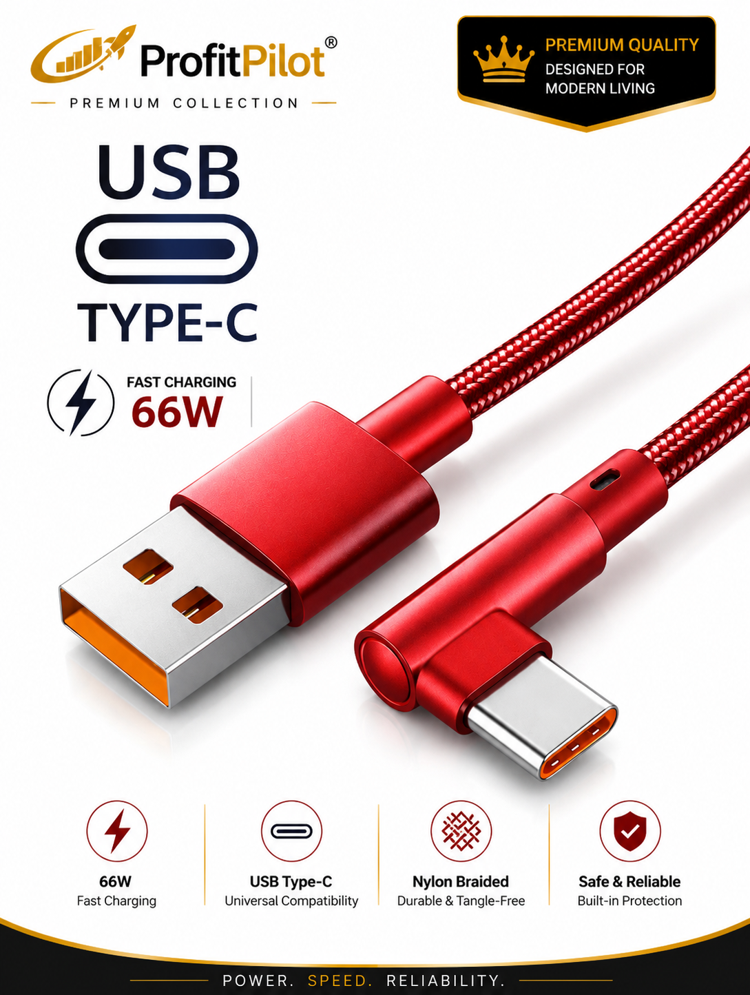 90° Right Angle USB-C Fast Charging Cable 66W | L-Shape Braided Nylon Cord for Gaming & Mobile