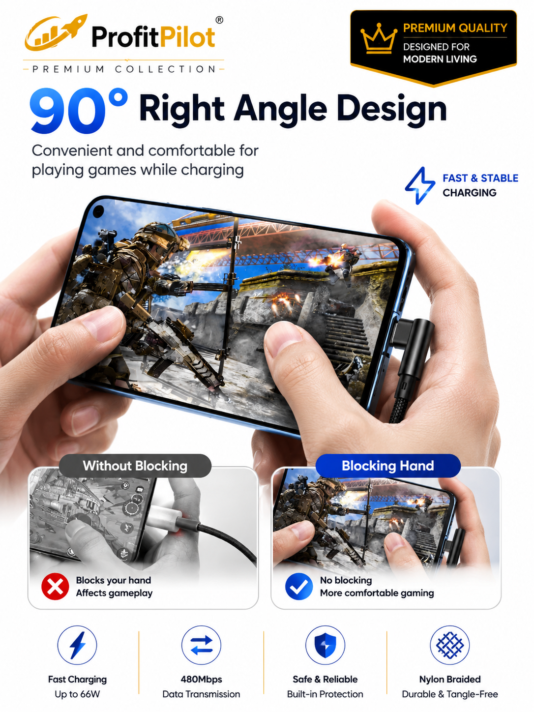 90° Right Angle USB-C Fast Charging Cable 66W | L-Shape Braided Nylon Cord for Gaming & Mobile