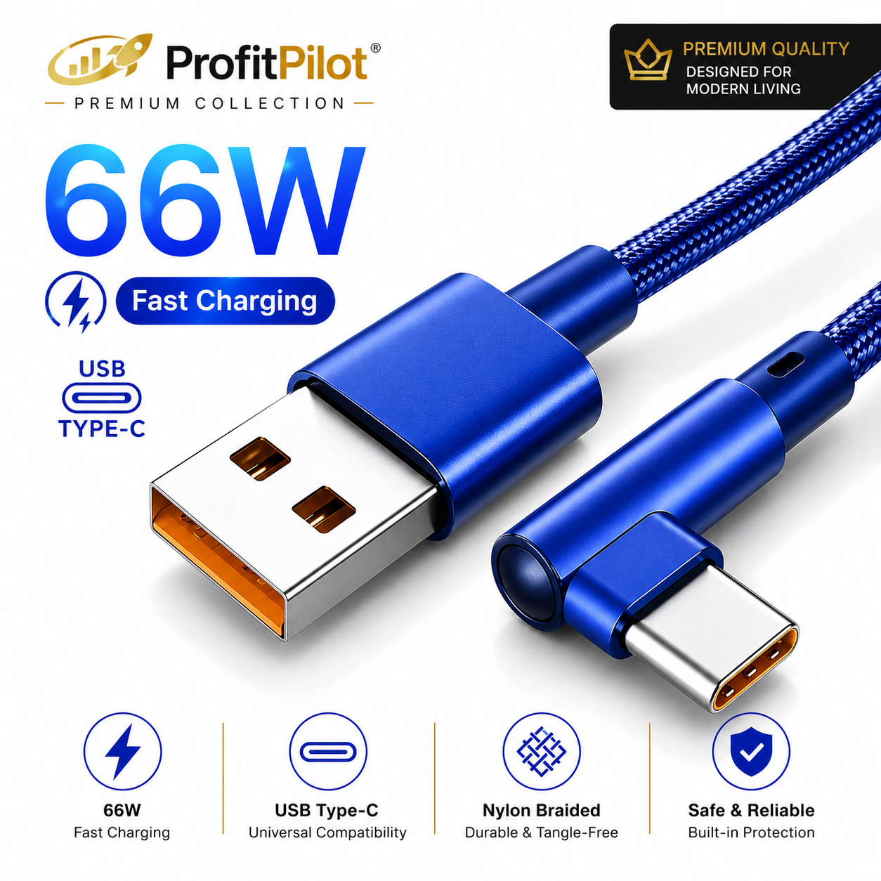 90° Right Angle USB-C Fast Charging Cable 66W | L-Shape Braided Nylon Cord for Gaming & Mobile