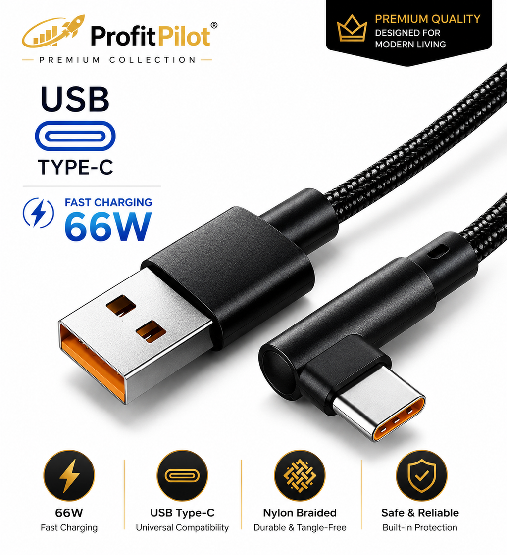 90° Right Angle USB-C Fast Charging Cable 66W | L-Shape Braided Nylon Cord for Gaming & Mobile