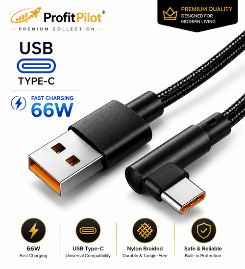 90° Right Angle USB-C Fast Charging Cable 66W | L-Shape Braided Nylon Cord for Gaming & Mobile