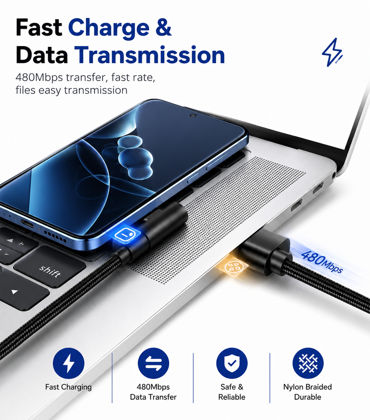 90° Right Angle USB-C Fast Charging Cable 66W | L-Shape Braided Nylon Cord for Gaming & Mobile