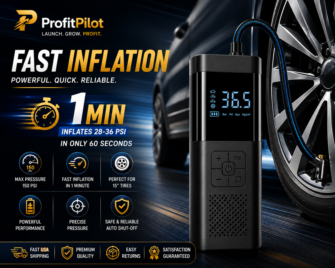 Portable Tire Inflator 150 PSI – Cordless Air Compressor for Car, Bike & Motorcycle