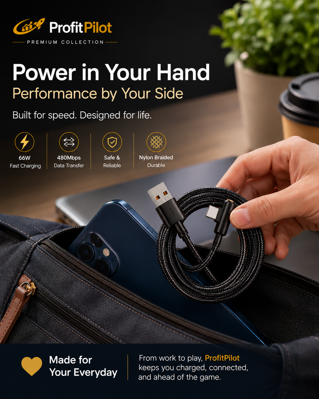 90° Right Angle USB-C Fast Charging Cable 66W | L-Shape Braided Nylon Cord for Gaming & Mobile