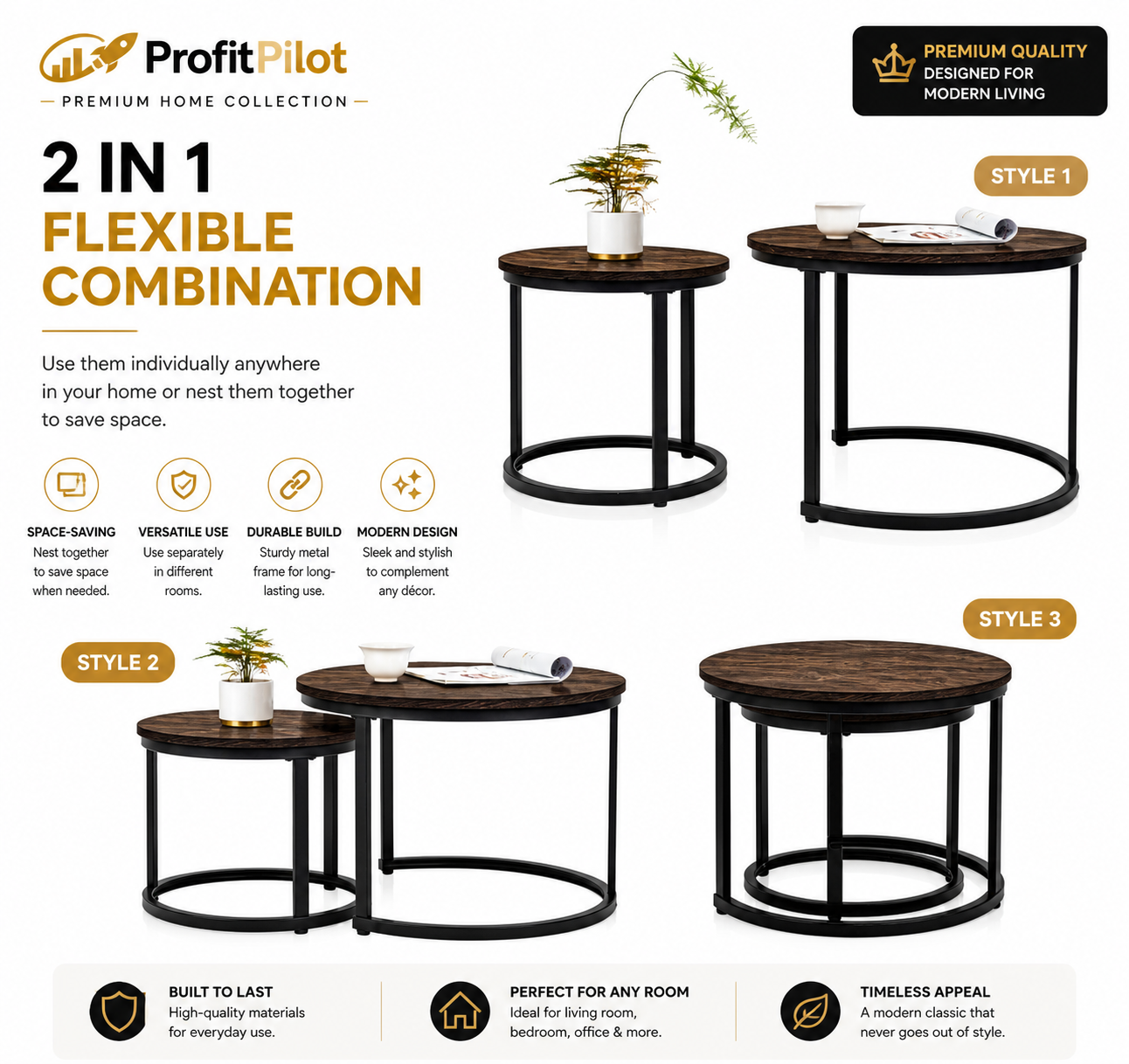 Modern Rustic Nesting Coffee Table Set for Living Room